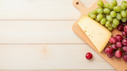 Cheese and grape arrangement on wooden cutting board for culinary presentation