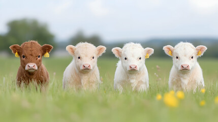 Fototapeta premium Four calves in a field, spring pasture