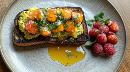 Delicious Scrambled Egg Toast with Roasted Tomatoes and Berries