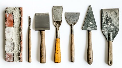 A high-resolution image of a set of bricklayer tools such as a level, trowel, and mortar board, arranged neatly on a white background to showcase their functionality