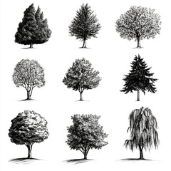 Fototapeta premium Collection of Ink-Drawn Trees: Nine meticulously rendered ink drawings showcase a variety of tree species, including deciduous and coniferous types, each unique in its form and foliage.