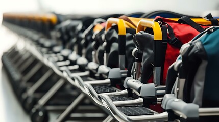 Obraz premium A high-resolution image of baggage trolleys lined up at an airport, with bags and luggage visible, showcasing the busy airport environment, isolated on a white background