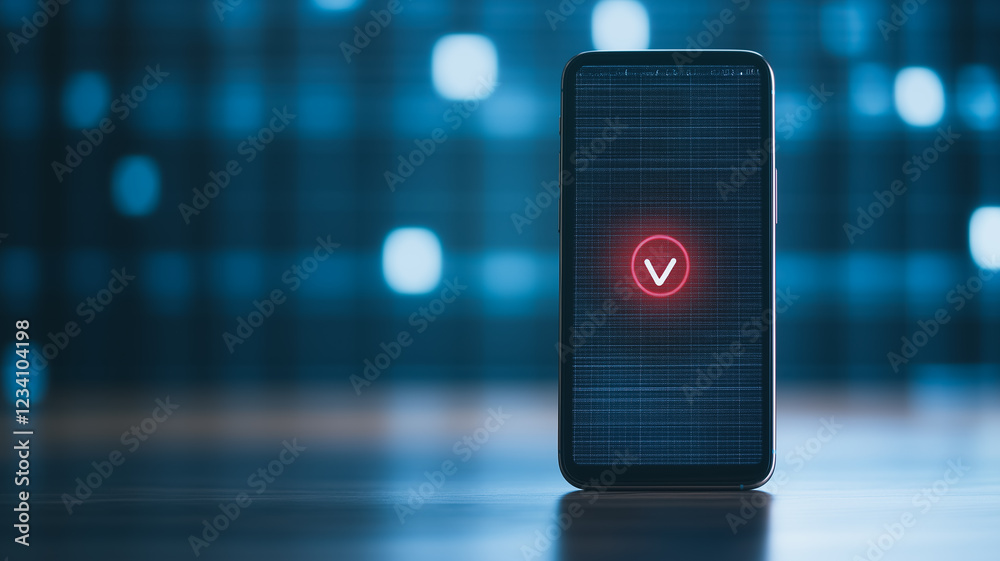 Canvas Prints cybersecurity check: a smartphone displays a red verified checkmark on its screen, set against a blu