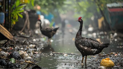Peahen Amidst Garbage in a Wet Environment Captured in Wide Angle Shot with Lush Greenery Background