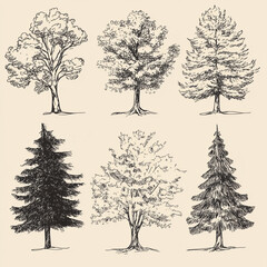 Hand-Drawn Tree Collection: A set of six intricately detailed hand-drawn trees, each showcasing unique silhouettes and textures, perfect for adding a touch of nature to your designs.