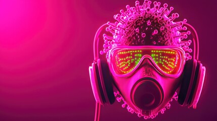 An artistic representation of a colorful headset wearing a gas mask, symbolizing the fusion of music and modern society's challenges.