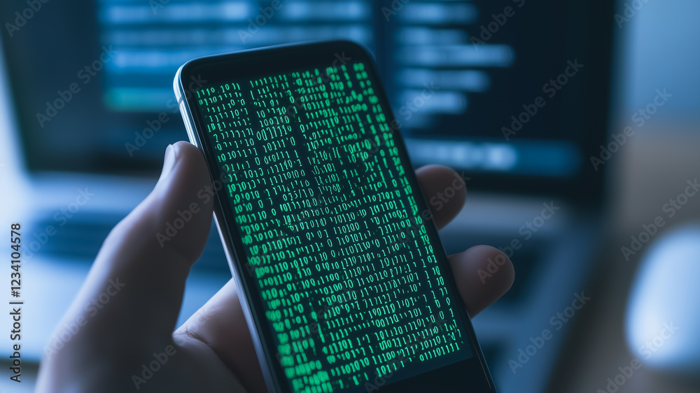 Poster mobile code: a hand holds a smartphone with green code displayed on the screen, emphasizing the clos