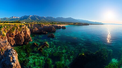 Bright Sunny Day Coastal Panorama Mediterranean Sea Clear