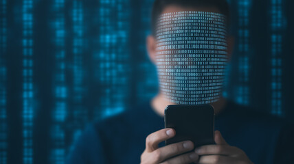 Digital Identity: A close-up of a person's face obscured by a swirling digital code overlay, holding a smartphone against a background of flowing binary code.
