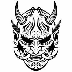 Tribal Demon Mask with Horns and Fierce Expression in Bold Line Art