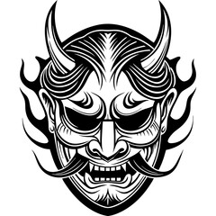 Tribal Demon Mask with Horns and Fierce Expression in Bold Line Art