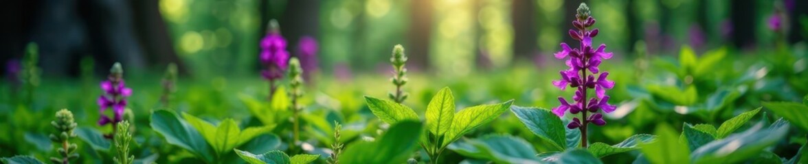 Overgrown salvia nemorosa in the forest floor, plant, flower, herb