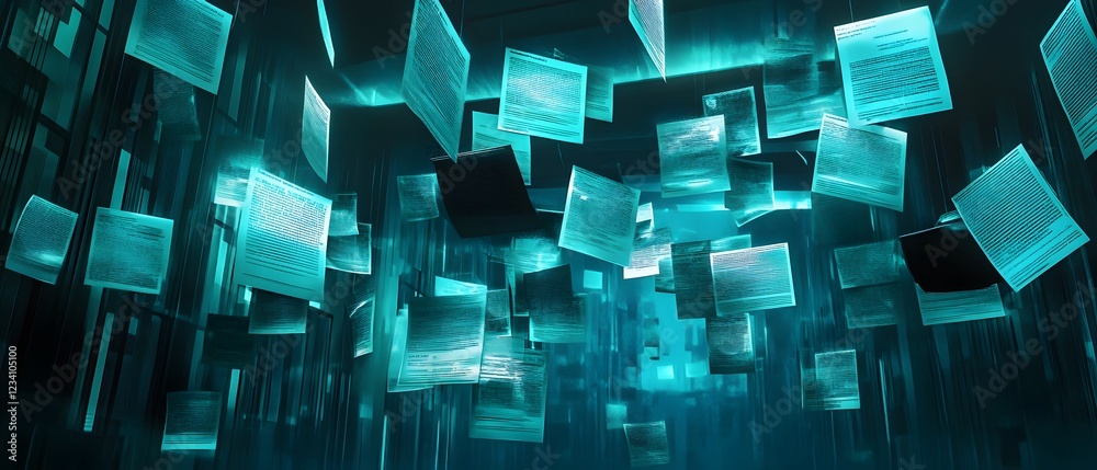 Poster an abstract digital landscape featuring floating translucent data blocks in glowing turquoise. this 