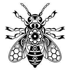 Tribal Bee Design with Intricate Patterns and Decorative Floral Elements