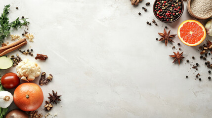Vibrant display of fresh vegetables, fruits, and spices on a light gray table inviting culinary creativity and inspiration