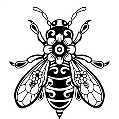 Tribal Bee Design with Intricate Patterns and Decorative Floral Elements