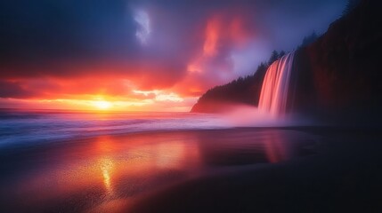 Dramatic sunset over coastal waterfall