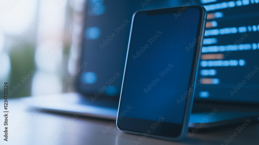 Poster mobile app development: smartphone and laptop displaying lines of code, symbolizing the process of m