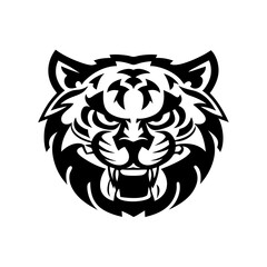 Intricate Tribal Tiger Head Design with Fierce Expression and Bold Lines