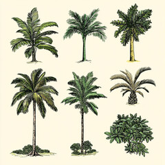 Obraz premium Tropical Paradise: A collection of six distinct palm trees, hand-drawn in a vintage style, evoking the serenity of tropical landscapes.