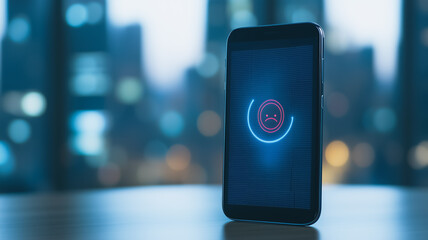 Smartphone Error: A smartphone displays a loading error symbol on the screen, creating a sense of frustration and uncertainty in a contemporary urban setting.