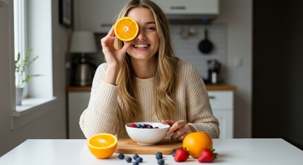 A smiling woman holds an orange slice to her eye while surrounded by fruits on a table
