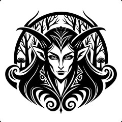 Intricate Tribal Design of Female Face with Forest Elements and Flowing Patterns