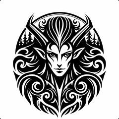 Intricate Tribal Design of Female Face with Forest Elements and Flowing Patterns