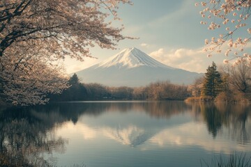 The breathtaking Mount Fuji landscape blossoms scenery.