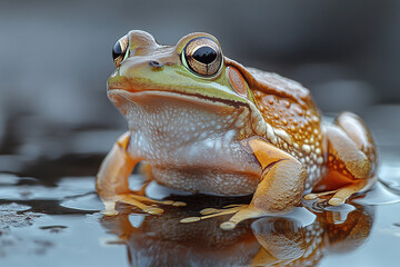 Fototapeta premium A frog in its natural habitat, its smooth skin, large eyes, and distinctive green or brown coloration, set against a pond backdrop.