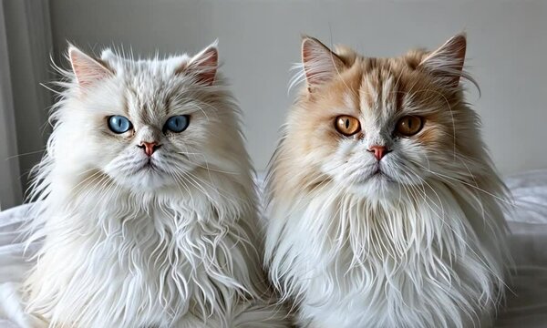 Two fluffy Persian cats with contrasting eye colors, side-by-side portrait.