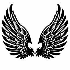 Detailed Line Art of Angel Wings with Intricate Feathers and Symmetrical Design