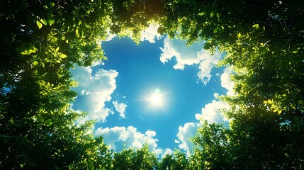 Bright Sunny Day Sky View Through Green Tree Leaves