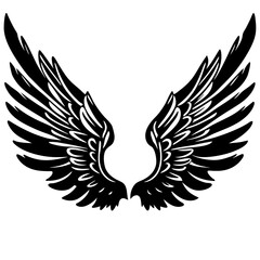 Detailed Line Art of Angel Wings with Intricate Feathers and Symmetrical Design