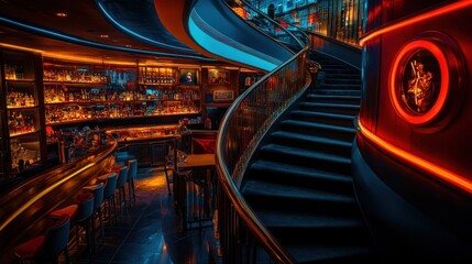 Luxurious Bar with Spiral Staircase and Neon Lights