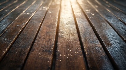 Sun-kissed Wooden Planks Glistening With Morning Dew, A Serene And Peaceful Outdoor Scene Bathed In Warm Golden Light