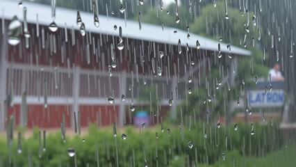 Rainy Day View Through Window Pane Showing Red Barn and Lush Greenery