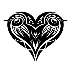 Tribal Heart-Shaped Design with Two Birds and Intricate Feather Details