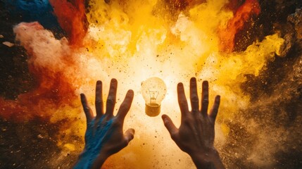 Hands Reaching Toward Light Bulb Surrounded by Colorful Explosion