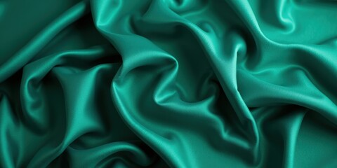 Obraz premium Vibrant teal-green fabric with a glossy, textured finish gleams subtly under light, showcasing its dynamic depth and silky smoothness in an enchanting close-up