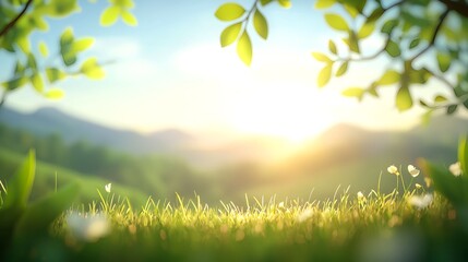 Obraz premium Bright Sunrise Over Lush Green Hills