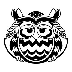 Stylized Owl Character with Big Eyes and Decorative Feathers in Black and White