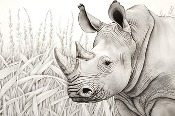 Fototapeta premium Rhinoceros Peaceful Nature Prairie Sketch Drawing Style