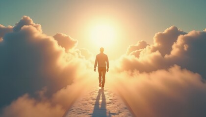 Fototapeta premium Person walking into bright, glowing light at the end of soft, cloud-filled pathway, illuminated by warm sunlight. Symbol of transition in other world and afterlife concept