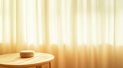 Cozy minimalist home decor with soft lighting and smart speaker for modern living space