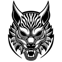 Intricate Line Art of Fierce Wolf Head with Bold Geometric Patterns and Aggressive Expression