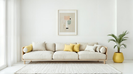 Scandinavian-inspired white living room with a soft and neutral color palette, minimal decor, and cozy furniture creating a bright, peaceful, and inviting home atmosphere.