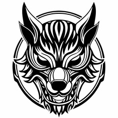 Intricate Line Art of Fierce Wolf Head with Bold Geometric Patterns and Aggressive Expression