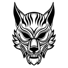 Intricate Line Art of Fierce Wolf Head with Bold Geometric Patterns and Aggressive Expression