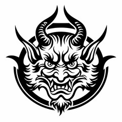 Traditional Demon Mask with Horns and Intense Expression in Black and White Line Art